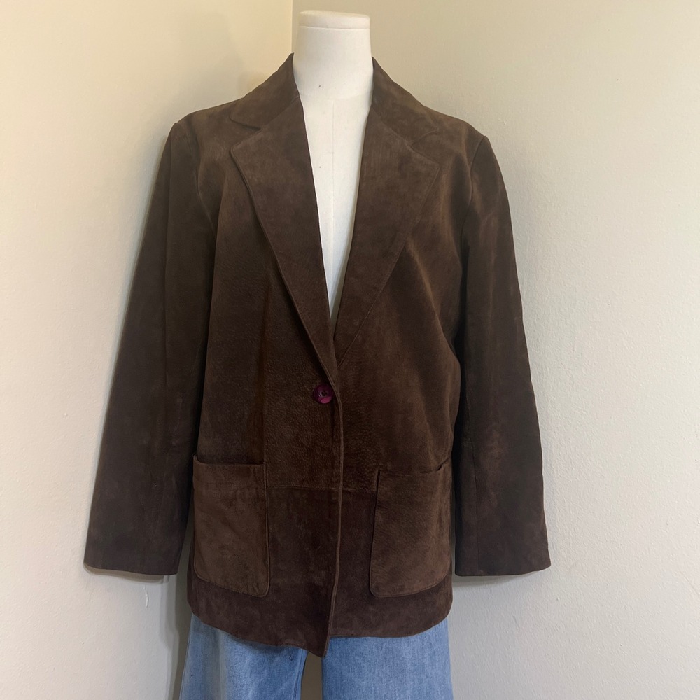 Savannah Brown Suede Leather Blazer Jacket Women 12P Petite Single Button Coat